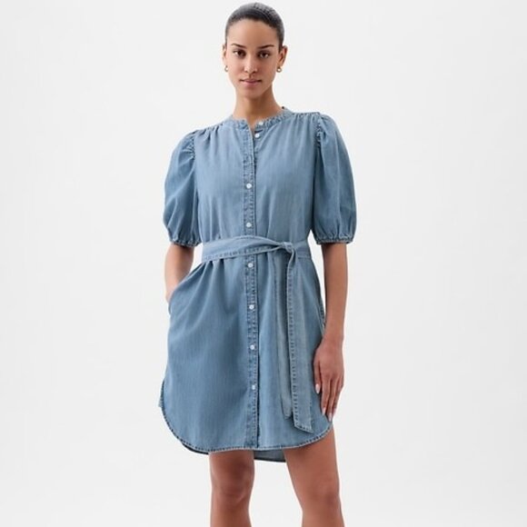 GAP Puff-Sleeve Denim Mini Dress – Light Wash – Size Medium
